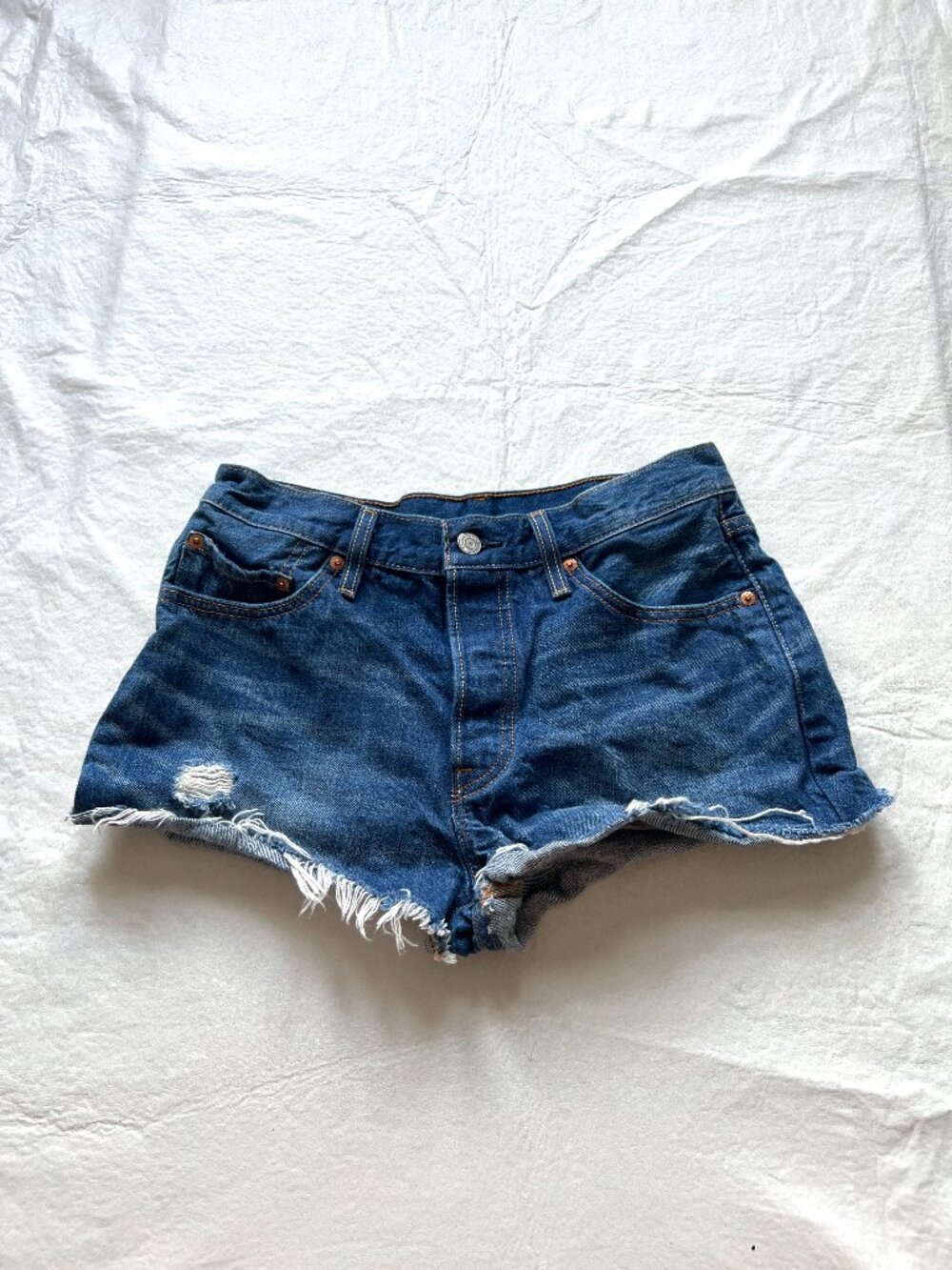 Levis jean short shorts distressed denim 28" waist cut offs button fly 501